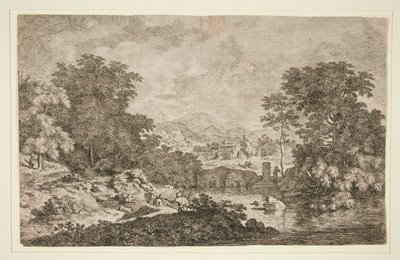 Ohne Titel [Pastorale Szene - bergige Landschaft in der Nähe eines Gewässers und fünf Figuren] von Unknown