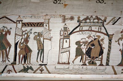 32: Das Erscheinen des Kometen; 33: Ein Bote warnt König Harold II. (1022-1066) - Bayeux-Tapete, bekannt als Stickerei der Königin Mathilde von Unknown artist