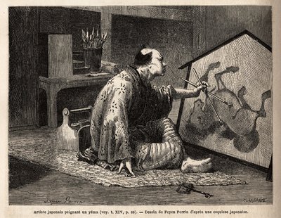 Ein japanischer Künstler malt ein Yema (legendäres Pferdegemälde). Gravur zur Illustration der Reise nach Japan, 1863-1864, von Aime Humbert, Minister der Schweizerischen Eidgenossenschaft, in „Le tour du monde, nouveau journal des voyages“ von Unknown artist