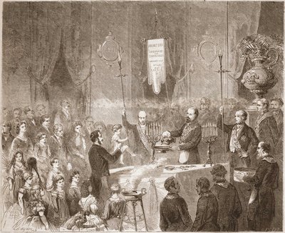 Eine Freimaurer-Taufe in der Loge der Fraternelle Amitive im Jahr 1861 von Unknown artist