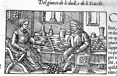 Ein Paar spielt Würfel. Gravur nach „Historia de gentis septemtrionalis“ von Olaus Magnus, Rom 1560 von Unknown artist