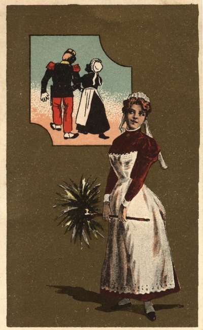 Eine Dienerin mit einer Feder. Sie träumt vom Arm eines hübschen Soldaten. Anonyme Chromolithographie, späte 19. Jahrhundert. von Unknown artist