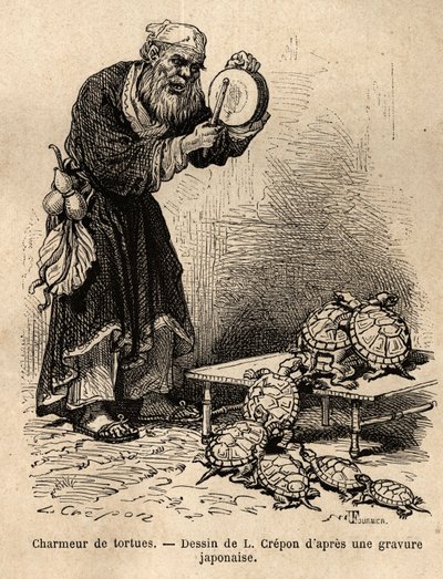 Ein Schildkrötenzauberer, der zur Zwischenstufe zwischen Bettlern und Feen-Schwindlern gehört. Gravur zur Illustration der Reise nach Japan, von Aime Humbert, Minister der Schweizerischen Eidgenossenschaft, 1863-1864, veröffentlicht in „Le tour du monde“ von Unknown artist