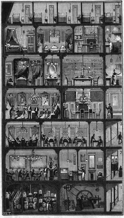 Unterkunft in Paris - Querschnitt eines Haussmann-Gebäudes in Paris im Jahr 1885. Oben die guten Zimmer und in den anderen Stockwerken Büros, Wohnungen und Empfangsräume (Versammlung). Gravur in „La Nature. Revue der Wissenschaften und ihrer Anwendungen au von Unknown artist
