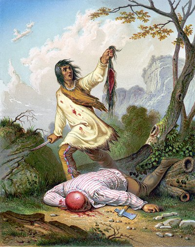 Ein amerikanischer Indianer hält ein Messer und eine Kopfhaut über einen am Boden liegenden Mann. Gravur um 1860 von Unknown artist
