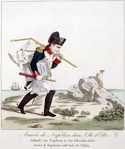 Ankunft Napoleons auf der Insel Elba (mit dem Code Napoleon unter dem Arm) - in „Napoleon 1., Karikaturen, Dummysammlung“, ca. 1814 von Unknown artist