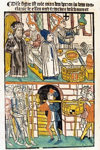 Ankunft von Lebensmitteln, damit die Mitglieder des Konzils von Konstanz (1417), während dessen Papst Martin V. gewählt wurde, essen konnten. „Das Concilium“ von Unknown artist