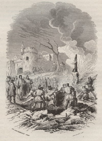 Baldwin V., Graf von Flandern (1012-1067), stellt die Polizei in seinen Staaten wieder her - Gravur von 1868 in „Histoire de Belgique von den frühesten Zeiten bis zum Ende der Herrschaft von Leopold I.“ von Théodore Juste (1818-1888) - Private Sammlung von Unknown artist