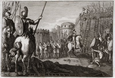 Bibel von Royaumont, Altes Testament: Tod von Seba. Und Seba (Scheba) erhob sich gegen David und nahm die zehn Stämme mit sich, und Joab verfolgte ihn in Abela, wo sein Kopf auf Rat einer Frau abgeschlagen wurde. Illustration von 1811. von Unknown artist