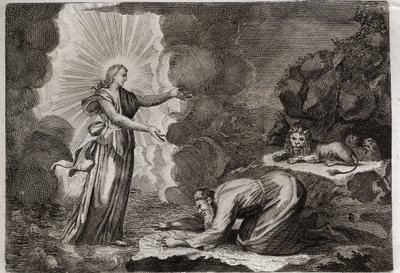Royaumont-Bibel, Altes Testament: Befreiung von Daniel. Daniel, in der Löwengrube, wird auf wundersame Weise getrunken. Illustration von 1811. von Unknown artist