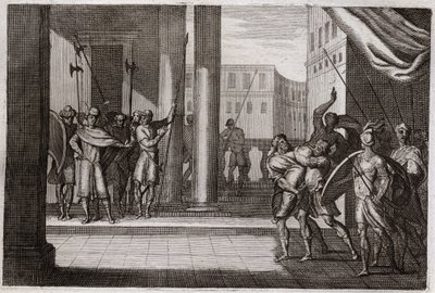 Bibel von Royaumont, Altes Testament: Dina ging aus Neugierde hinaus, um die Frauen von Sichem zu sehen, und der König dieser Stadt hatte ihr Gewalt angetan, ihre Brüder rächten sich und töteten alle Einwohner von Sichem mit dem König. Illustration von 181 von Unknown artist