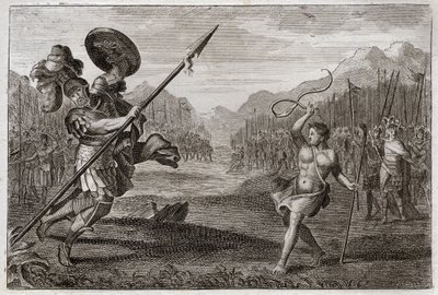Bibel von Royaumont, Altes Testament: Riese Goliath. Goliath, Philister von ungeheurer Größe, wird von David besiegt, der nur mit einer Schleuder und einem Stock bewaffnet ist. Illustration von 1811. von Unknown artist