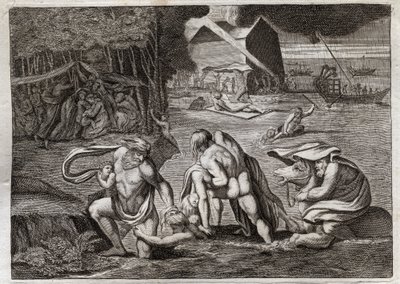 Bibel von Royaumont, Altes Testament: Die Sintflut. Die Sintflut überschwemmt die ganze Erde. Die einzige Arche rettet diejenigen, die darin eingeschlossen waren, vor dem Untergang. Illustration von 1811. von Unknown artist
