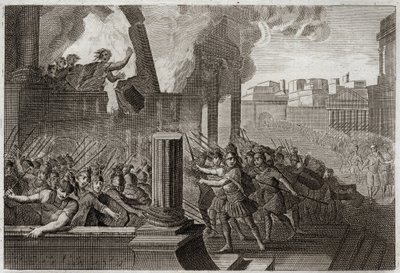 Bibel von Royaumont, Altes Testament: Zambri verbrennt. Zambri, der gegen Ela, den vierten König von Israel, revoltiert hat, belagert Thersa, wo er sich mit seiner ganzen Familie in seinem Palast verbrennt. Illustration von 1811. von Unknown artist