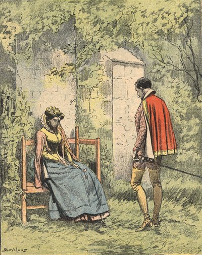 Bussy und Diane, bekannt als Madame de Monsoreau, im Garten vor der Kirche. Illustration des Romans „La Dame de Monsoreau“ von Alexandre Dumas im „Journal des romans populaires illustrés“ von Unknown artist