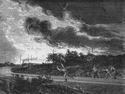 Straßenwärter gibt das Alarmsignal und läuft vor einem Zug, um Unfälle zu verhindern. In „Album de la Science“, Éditions Jouvet von Unknown artist