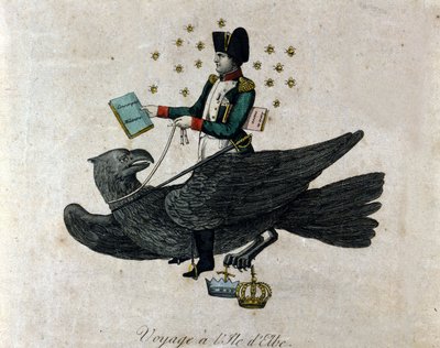 Karikatur über Napoleon über sein Exil auf der Insel Elba. Napoleon auf einem Adler hält in seiner rechten Hand ein Buch mit dem Titel Militärische Einberufung. Gravur der Zeit. von Unknown artist