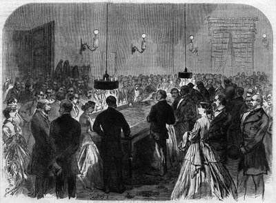 Spielsaal eines Casinos in Deutschland in einer Kurstadt. Gravur nach dem Gemälde von Hogson. Gravur in „Das illustrierte Universum“ von Unknown artist