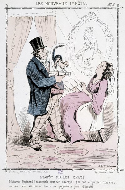 Katzensteuer: „Madame Papinard! Sammeln Sie all Ihren Mut. Ich habe Ihre Katze ausgestopft, also zahlen wir zumindest keine Steuer“ - Karikatur von Unknown artist