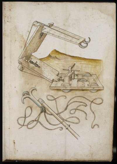 Katapult- und Hakensystem - Manuskript: Pergamentblatt aus einem Ingenieurshandbuch für den Bau ziviler, religiöser und militärischer Gebäude, anonym, spätes 15. Jahrhundert (Figur in chinesischer Tinte) von Unknown artist