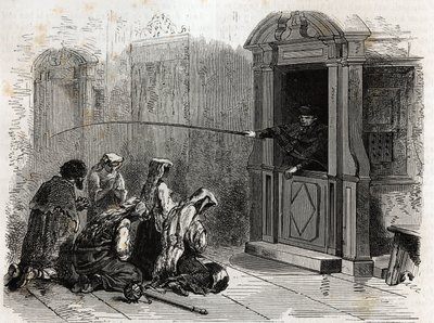 Katholische Gläubige im Gebet, die gewöhnliche Buße empfangen, Peitschenhiebe, die von einem Priester aus dem Beichtstuhl verabreicht werden. Illustration der Geschichte der Karwoche in Rom, 1863, von Ludovic Celler, in 