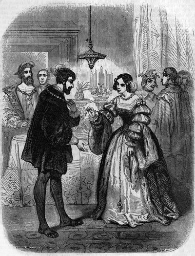 Karl V. (1500-1558) mit Anne de Pisseleu (1508-1580), Herzogin von Étampes, Mätresse von Franz I., genannt La Belle Ferronnière. Gravur des 19. Jahrhunderts. von Unknown artist