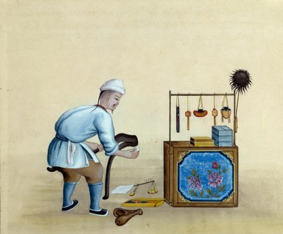 Chinesischer Händler schärft Scheren zum Schneiden von Silberbarren (Zeichnung des 17. Jahrhunderts) von Unknown artist