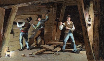 Kohlebergwerk in Frankreich Ende des 19. Jahrhunderts: Holzgalerie. Chromolithografie des späten 19. Jahrhunderts von Unknown artist