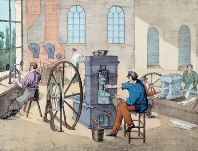 Münzherstellung: Arbeiter arbeiten in einer Fabrik in verschiedenen Stadien, Gießen und Prägen von Münzen. Gravur des 19. Jahrhunderts Paris, dekorative Künste von Unknown artist