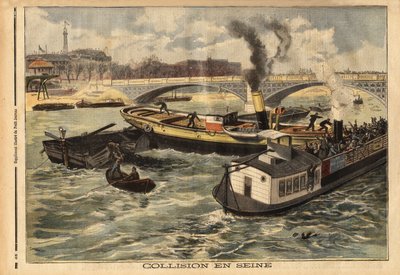 Kollision auf der Seine zwischen einem englischen Dampfschiff und einem Pariser Omnibus-Peniche, in Höhe der königlichen Brücke. Gravur in „Le petit journal“ 7/02/1897. Selva Sammlung. von Unknown artist