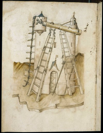 Bauarbeiten - Manuskript: Pergamentblatt eines Ingenieurhandbuchs für den Bau ziviler, religiöser und militärischer Gebäude, anonym, späte 15. Jahrhundert (Figur in chinesischer Tinte) von Unknown artist