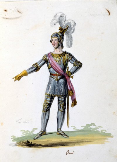 Kostüm für die Figur des Tancredi, gezeichnet von Gironi für die Oper „Tancredi“ von Gioacchino Rossini. 1813 von Unknown artist