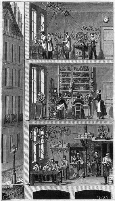 Querschnitt eines Hauses in der Rue Beaubourg in Paris, der die Nutzung der Kraftverteilung zeigt. - Im Zwischengeschoss, Bürstenhersteller; im 1. Stock, Hutmacher; im 2. Stock, Hersteller von Metallrahmen. Unten und links sind die Abwasserrohre und... von Unknown artist