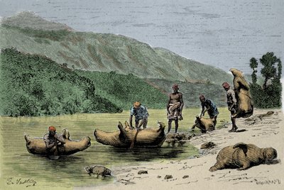 Bräuche und Transportmethoden: Häute von aufgeblasenen Tieren, die zum Überqueren von Flüssen verwendet werden. Gravur aus dem 19. Jahrhundert von Unknown artist