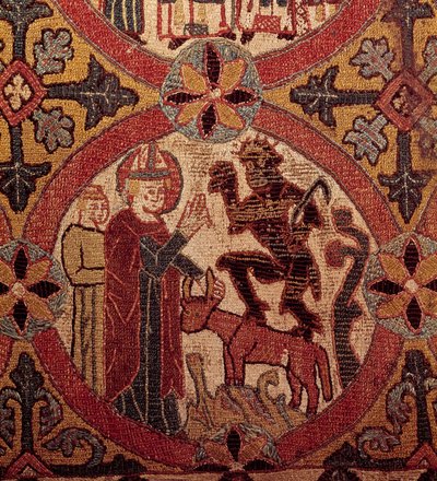 Detail einer Stickerei, die die Versuchung des heiligen Martin darstellt. Isländische Tapisserie. 1390-1403. Paris, Nationalmuseum des Mittelalters, Thermen von Cluny von Unknown artist