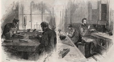 Diamantschleifen in einer Werkstatt in den Niederlanden: Spalter und Polierer - Gravur in „Le Monde Illustré“ von Unknown artist