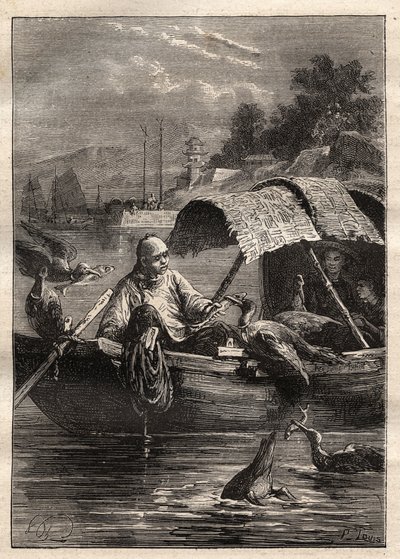 Botschaft von Lord George McCartney (1737-1806) in China (1792-1793): Der Vogel Leut-ze, steht für das Fischen (Kormoranfischen) - Illustration aus „Die großen Seefahrer des 18. Jahrhunderts“ von Unknown artist