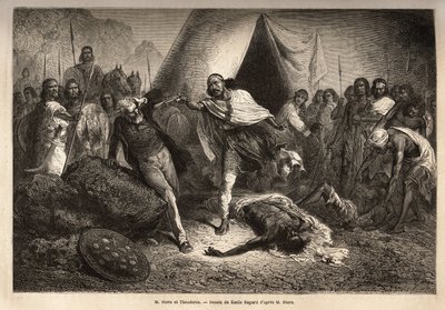 Kaiser (oder Negus) Theodoros II (Tewodros) (geboren um 1818-1868, vor seiner Krönung auf dem äthiopischen Reich Kassa Hailu genannt), bedroht mit seiner Waffe Herrn Stern, einen englischen Missionar, der eine Biografie des Negus verfasste, durch die sich  von Unknown artist