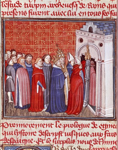 Kaiser Karl der Große (742-814) krönt in einer Kirche, gefolgt von Prälaten. Miniatur aus „Les grandes Chroniques de France“ 15. Jahrhundert Chantilly, Musée Condé von Unknown artist