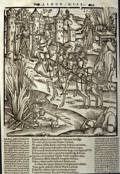 Eneide von Vergil (70 v. Chr.-19 v. Chr.), Buch XIII (Supplementum), die trojanischen Helden Aeneas empfangen die Latiner, Opfer werden zu Ehren der Kriegsopfer gebracht. Xylographie von Sebastian Brant (1458-1521). Straßburg von Unknown artist