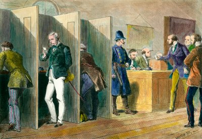 Englische Demokratie: In einem Wahllokal während der Wahlen in England mit Darstellung der Wahlkabinen. Gravur des 19. Jahrhunderts von Unknown artist