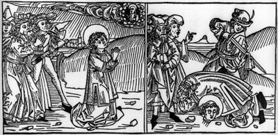 Episode aus dem Leben des Heiligen Donat (gestorben um 355). Gravur aus „Leben der Heiligen - Sommerteil“ (Das Buch der Heiligen) von Jacobus (James) von Voragine (1228-1298). Lübeck 1488. von Unknown artist