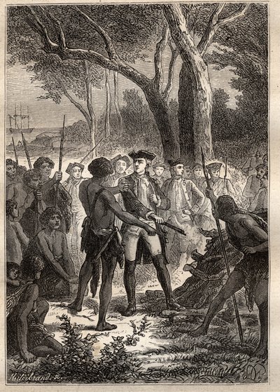 Expedition von Nicolas Thomas Marion-Dufresne (Marion Dufresne) (1729-1772): Marion landete in der Frederick Henry Bay (Tasmanien) und wurde von den Einheimischen mit einem brennenden Brand begrüßt - Illustration aus „Die großen Seefahrer des 18. Jahrhunde von Unknown artist