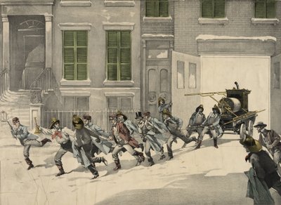 Feuerwehrleute rücken zu Notrufen am Brandort aus, Aquarell von 1895. USA von Unknown artist