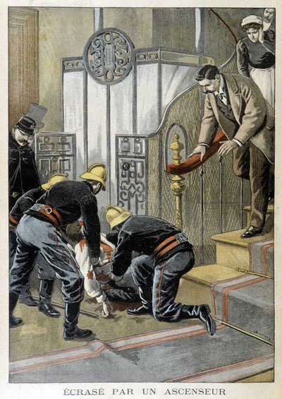 Feuerwehrleute retten einen Mann, der von einem Aufzug in einem Pariser Gebäude eingeklemmt wurde. Illustration des „Little Journal“ von 1899. von Unknown artist