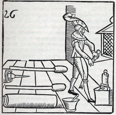Feuerwerk und Feuerwerkskörper: Handwerker bei der Herstellung von Raketen. Reproduktion der Gravuren aus dem Werk des französischen Jesuiten Jean Leurechon La Récréation Mathématique, ou Entretien Facétieux sur Plusieurs Plaisants Problèmes, en Fait d