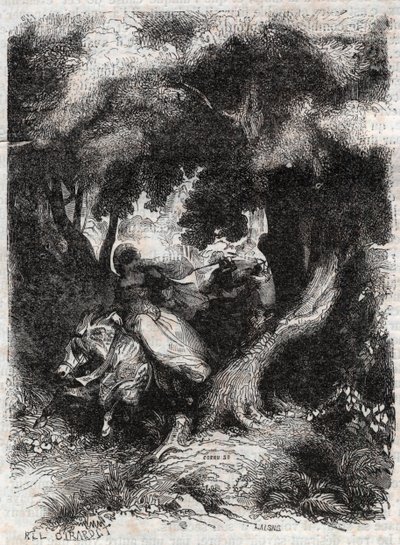 Flucht von Angelica während der Schlacht - Gravur von 1851 aus „Furioser Roland“ (Orlando furioso) (16. Jahrhundert) von Ludovico Ariosto, bekannt als der Ariosta - Ausgabe, übersetzt aus dem Italienischen von Graf von Tressan und veröffentlicht von Gustav von Unknown artist