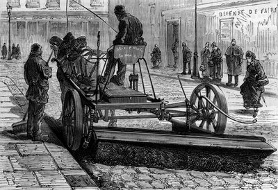 Ehemaliger Beruf in Paris: die Maschine zum Kehren der Straßen von Paris. Gravur in "La Nature" von Unknown artist