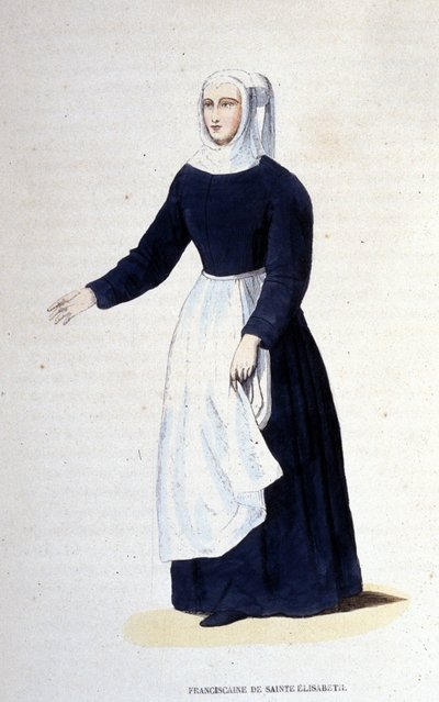 Franziskanernonne der Heiligen Elisabeth. Orden gegründet von der Heiligen Elisabeth von Ungarn (1207 - 1231). Gravur des 19. Jahrhunderts von Unknown artist