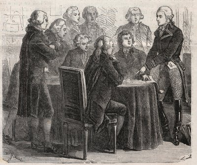 Französische Revolution: Graf Louis Marie de Narbonne-Lara zeigt seine Pläne in den Ausschüssen der Versammlung - Gravur in „The Illustrous World“ von Unknown artist
